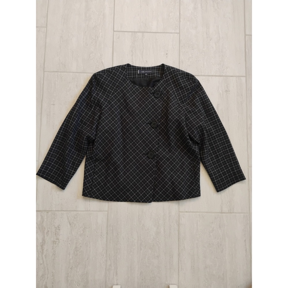 Anne Klein Cropped Jacket Blazer Wool Womens 12 Black Geometric Button Tweed